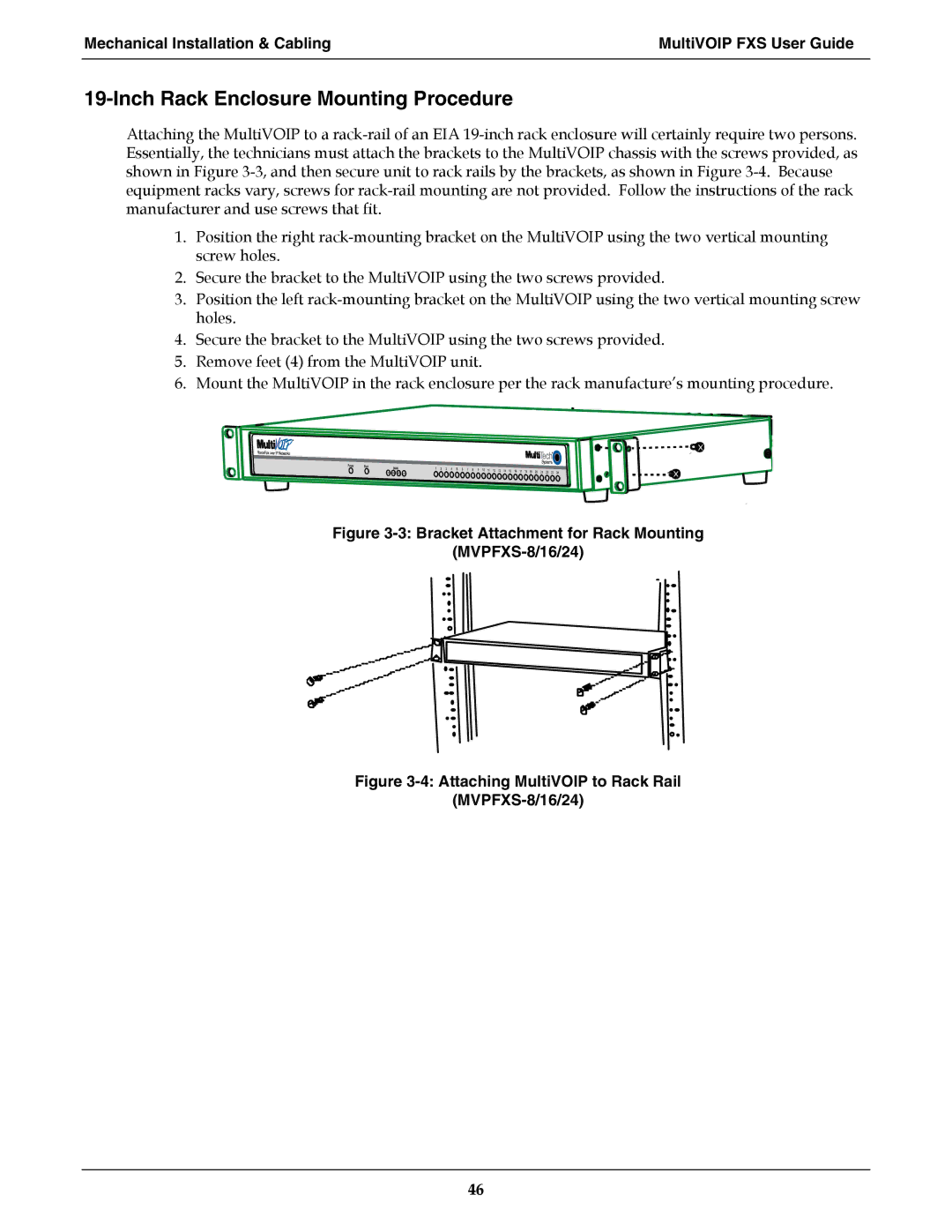 Multi-Tech Systems MVPFXS-24 Inch Rack Enclosure Mounting Procedure, Bracket Attachment for Rack Mounting MVPFXS-8/16/24 