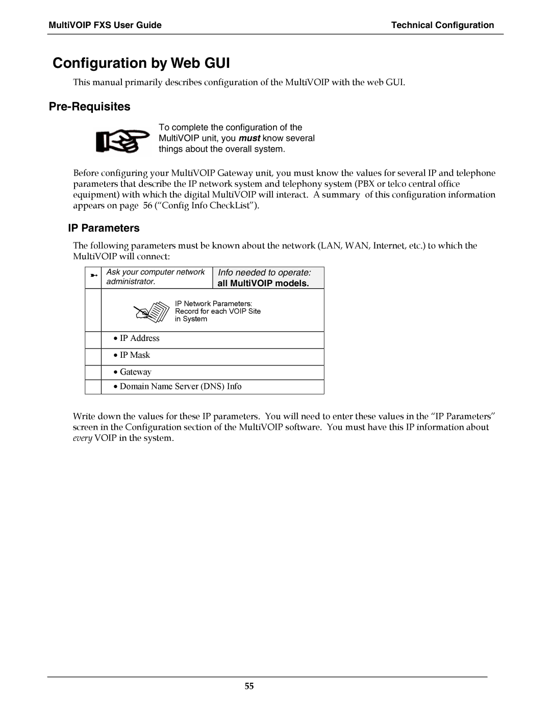 Multi-Tech Systems MVPFXS-24 Configuration by Web GUI, Pre-Requisites, MultiVOIP FXS User Guide Technical Configuration 