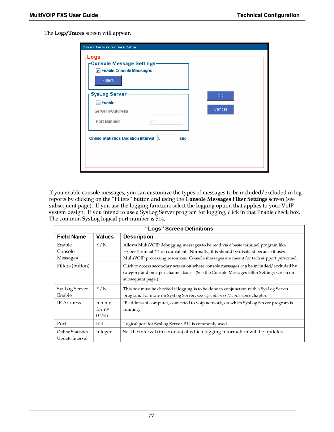 Multi-Tech Systems MVPFXS-16, MVPFXS-8, MVPFXS-24 manual Field Name Values, Logs Screen Definitions Description 