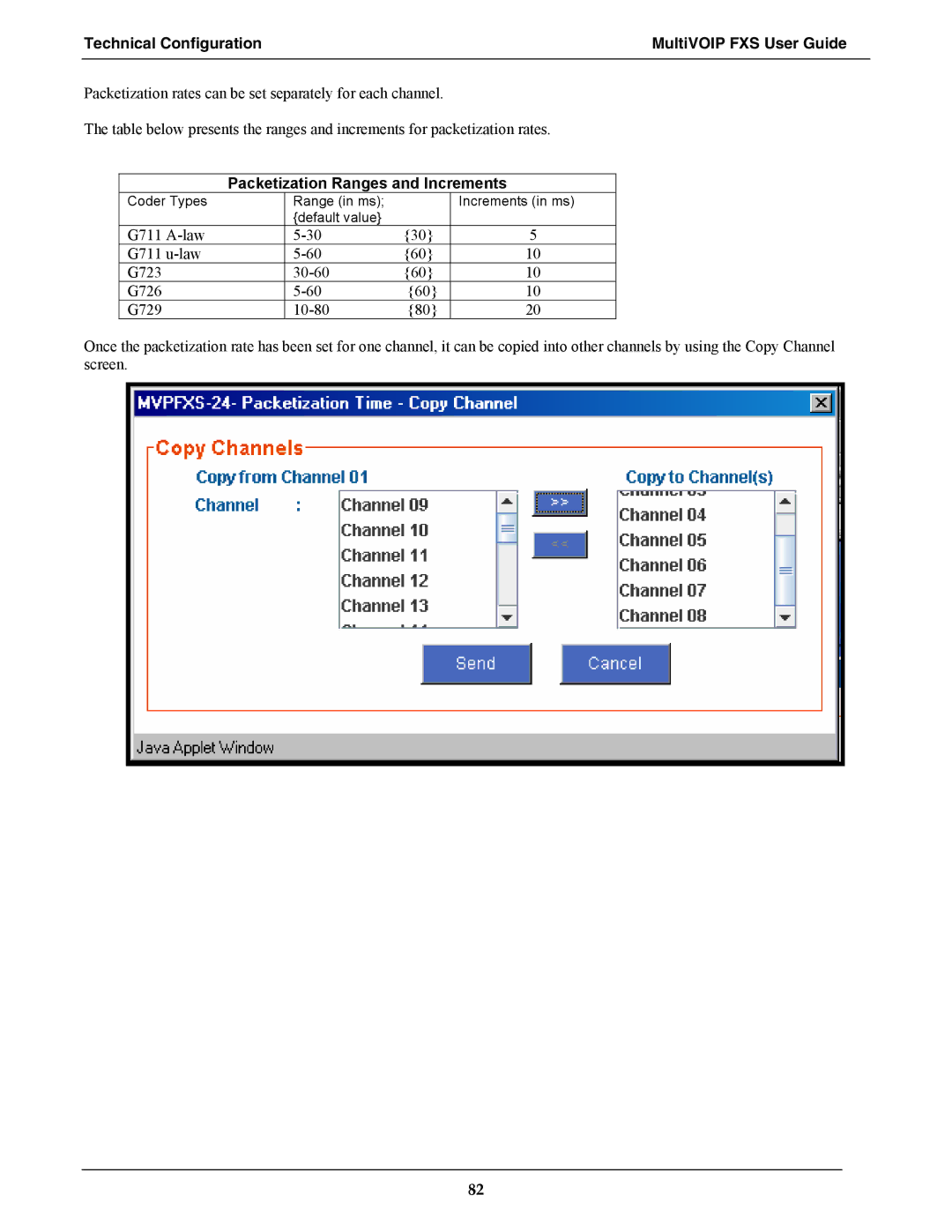 Multi-Tech Systems MVPFXS-24 manual Technical Configuration MultiVOIP FXS User Guide, Packetization Ranges and Increments 