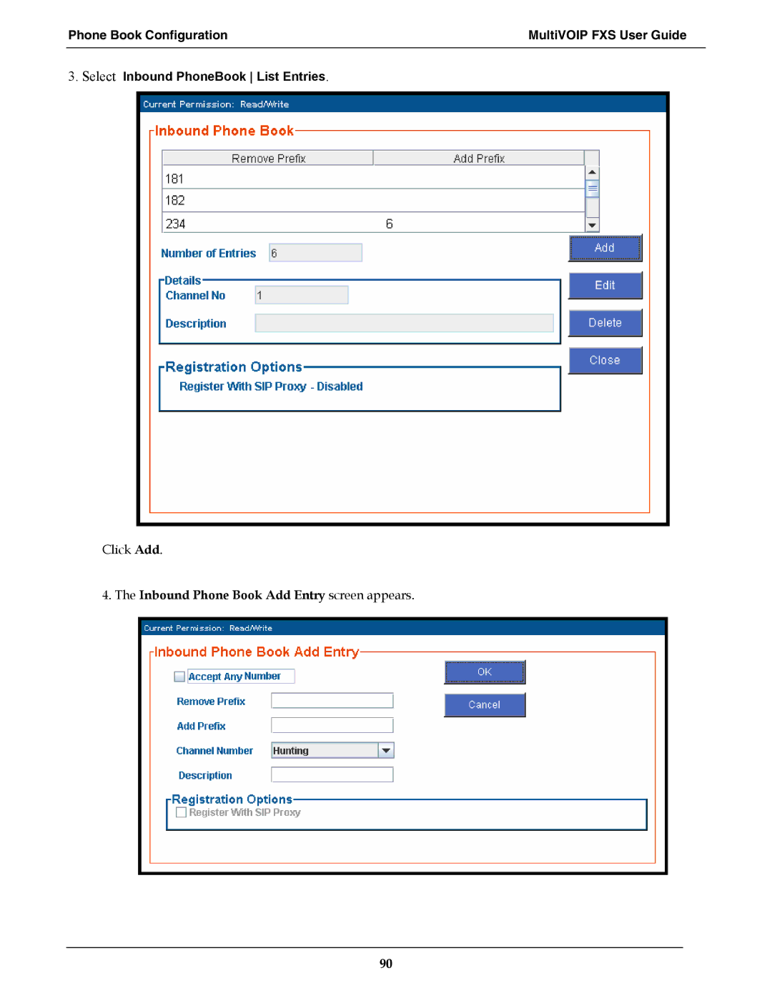 Multi-Tech Systems MVPFXS-8, MVPFXS-24, MVPFXS-16 manual Inbound Phone Book Add Entry screen appears 