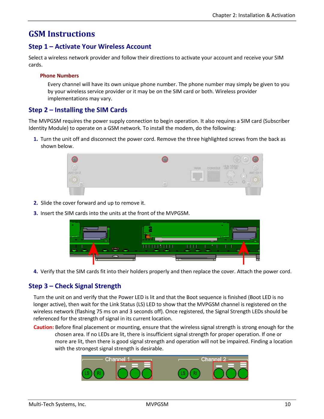 Multi-Tech Systems MVPGSM-2 GSM Instructions, Activate Your Wireless Account, Installing the SIM Cards, Phone Numbers 