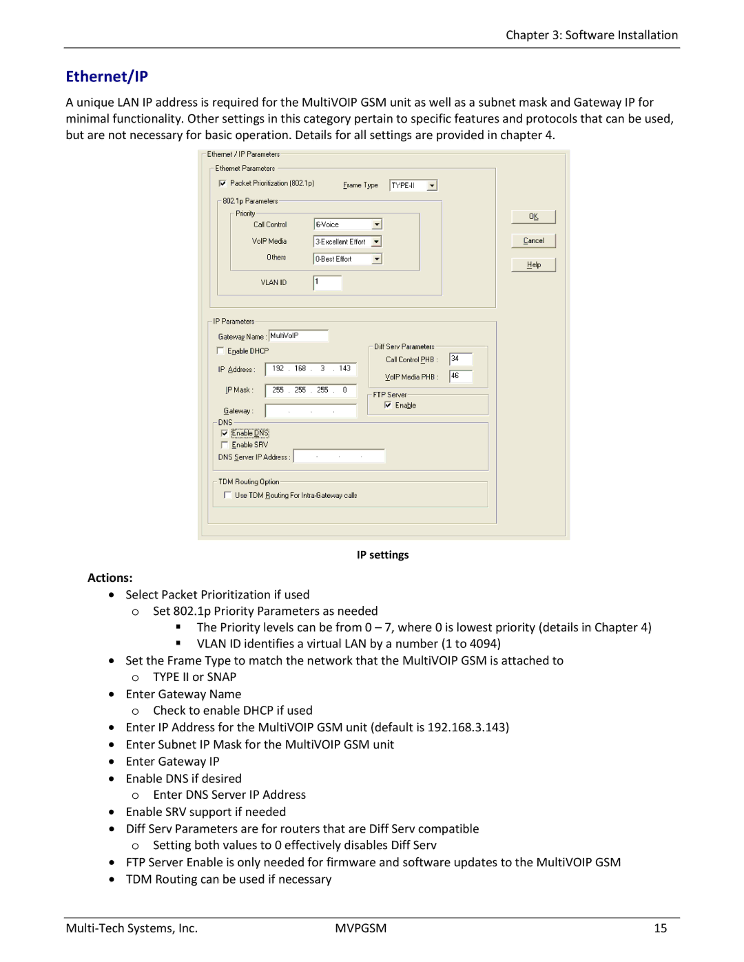 Multi-Tech Systems MVPGSM-2 manual Ethernet/IP, Actions, IP settings 