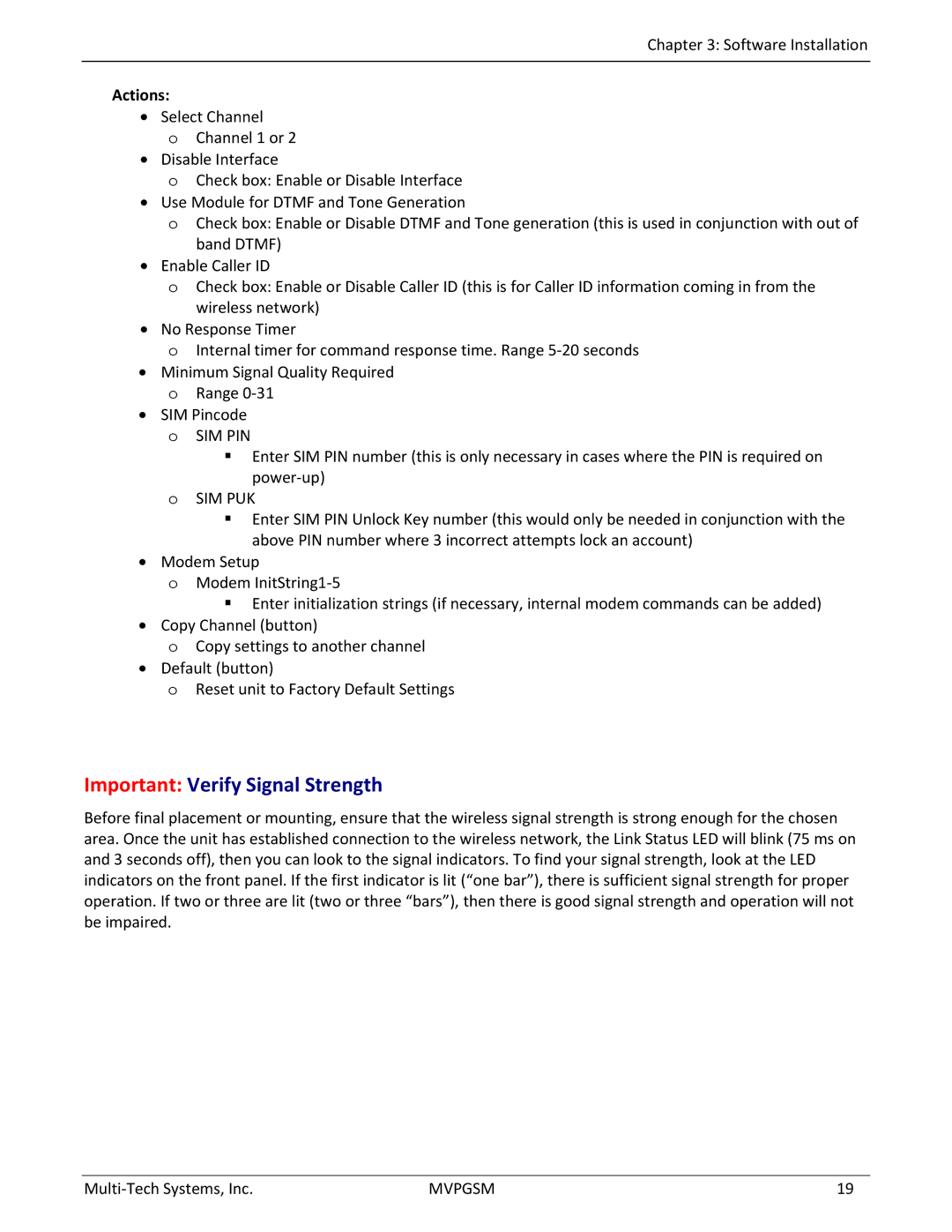 Multi-Tech Systems MVPGSM-2 manual Important Verify Signal Strength 