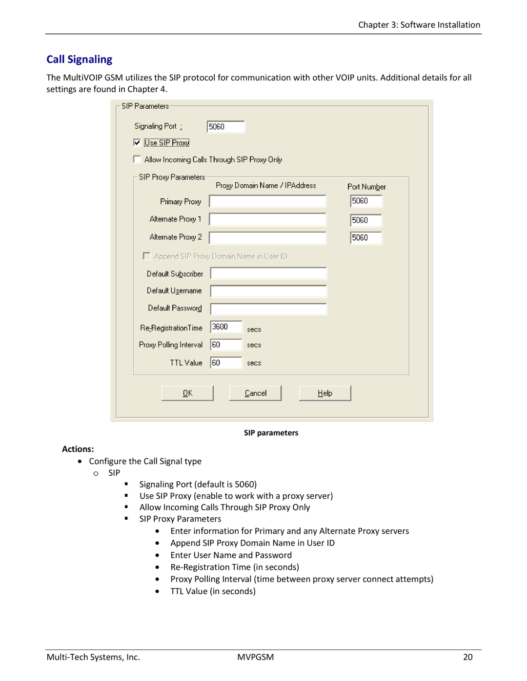 Multi-Tech Systems MVPGSM-2 manual Call Signaling, SIP parameters 