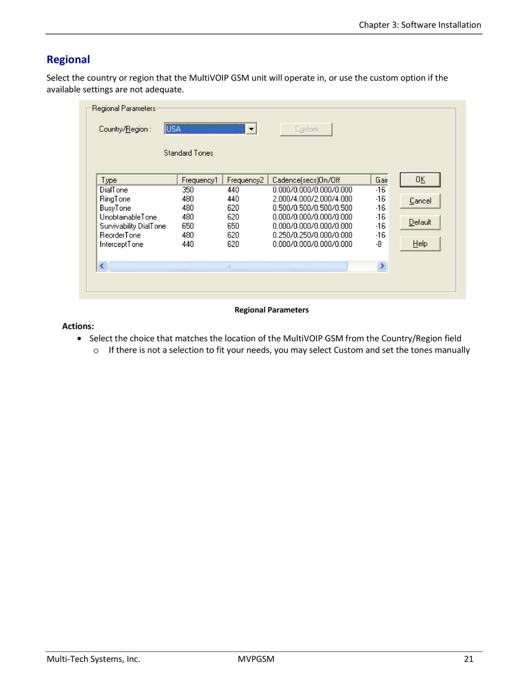 Multi-Tech Systems MVPGSM-2 manual Regional Parameters 