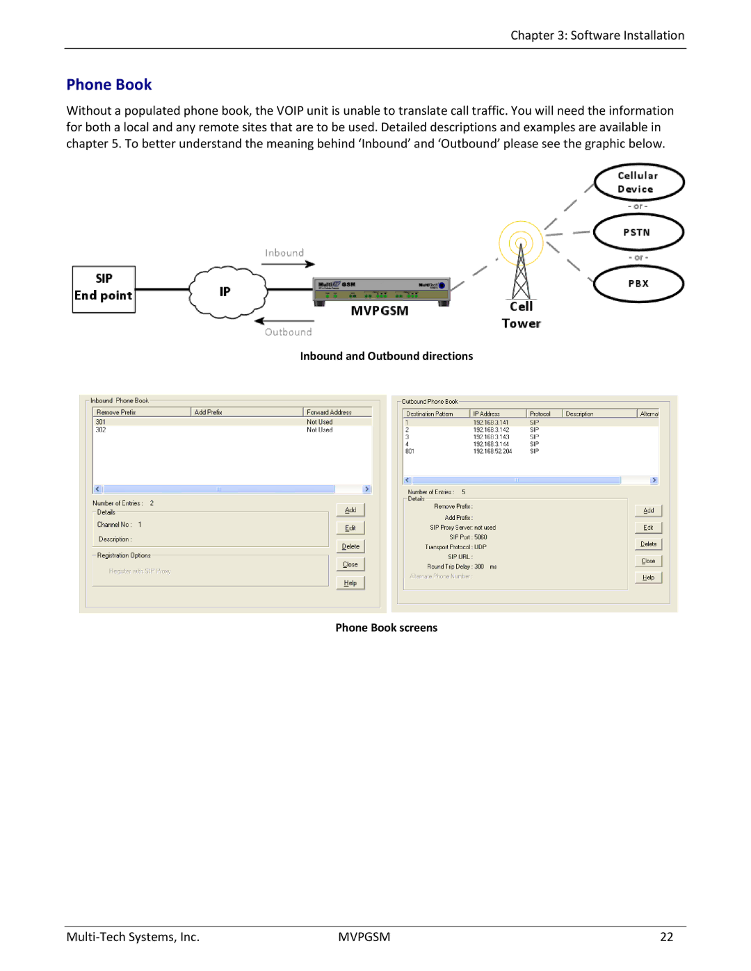 Multi-Tech Systems MVPGSM-2 manual Inbound and Outbound directions Phone Book screens 