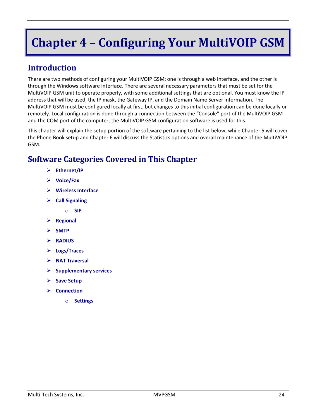 Multi-Tech Systems MVPGSM-2 manual Configuring Your MultiVOIP GSM, Software Categories Covered in This Chapter 