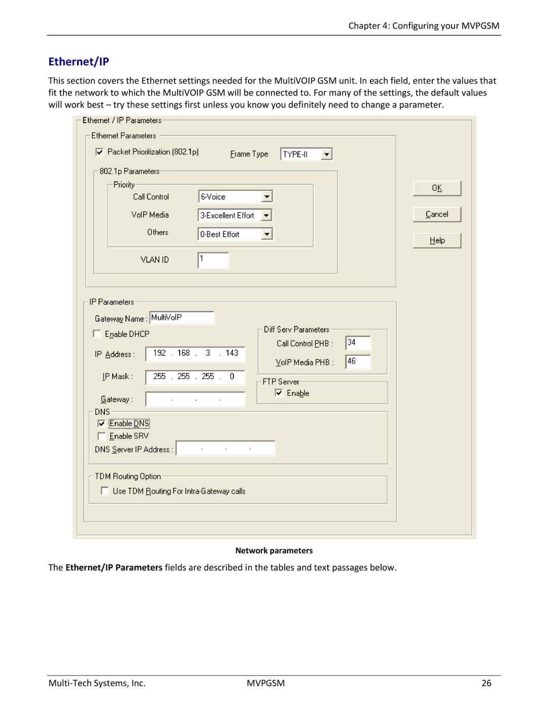 Multi-Tech Systems MVPGSM-2 manual Ethernet/IP, Network parameters 