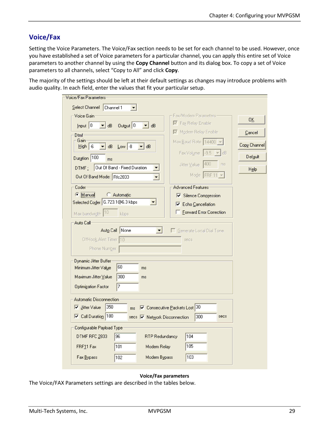 Multi-Tech Systems MVPGSM-2 manual Voice/Fax parameters 