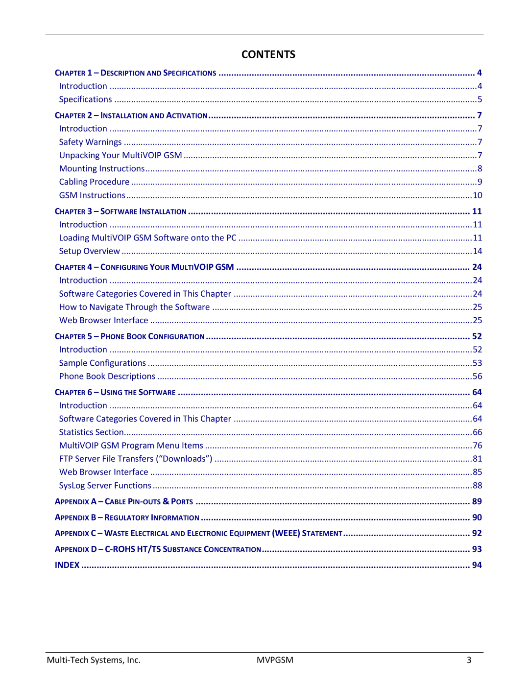 Multi-Tech Systems MVPGSM-2 manual Contents 