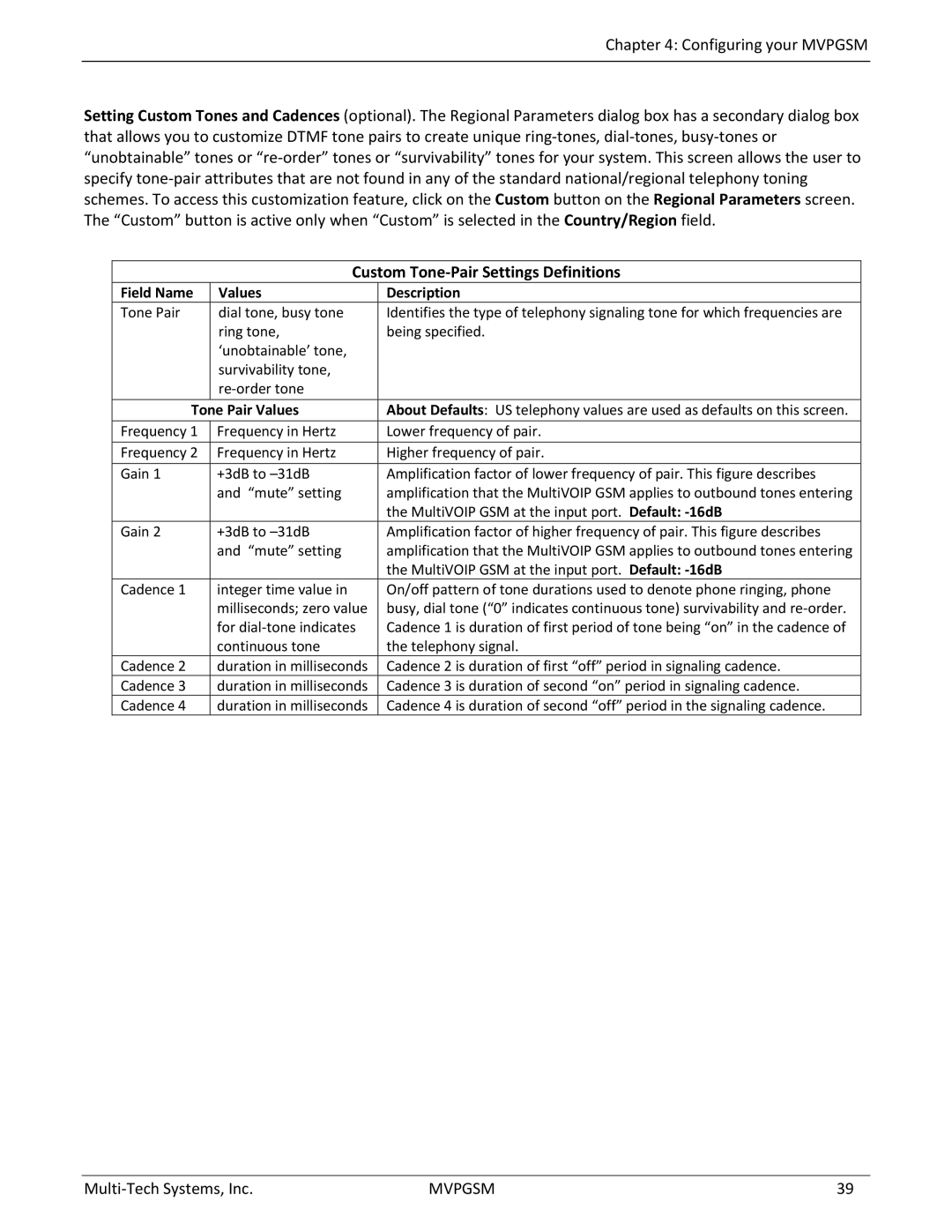 Multi-Tech Systems MVPGSM-2 manual Custom Tone-Pair Settings Definitions, Tone Pair Values 