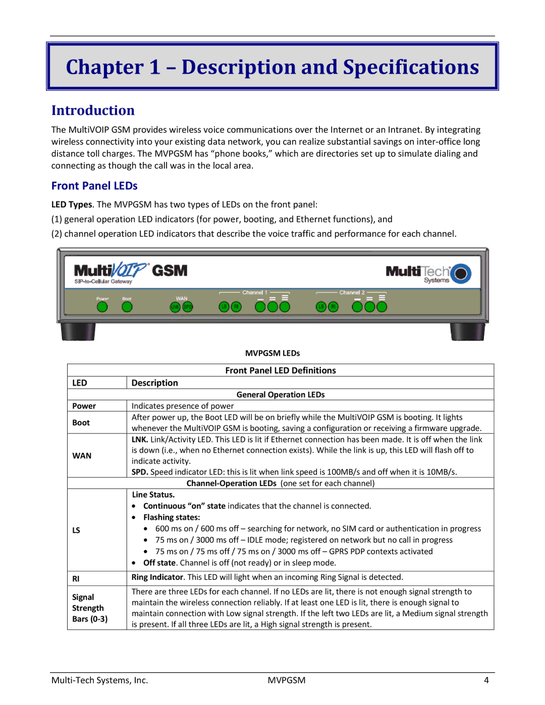 Multi-Tech Systems MVPGSM-2 manual Description and Specifications, Introduction, Front Panel LEDs 