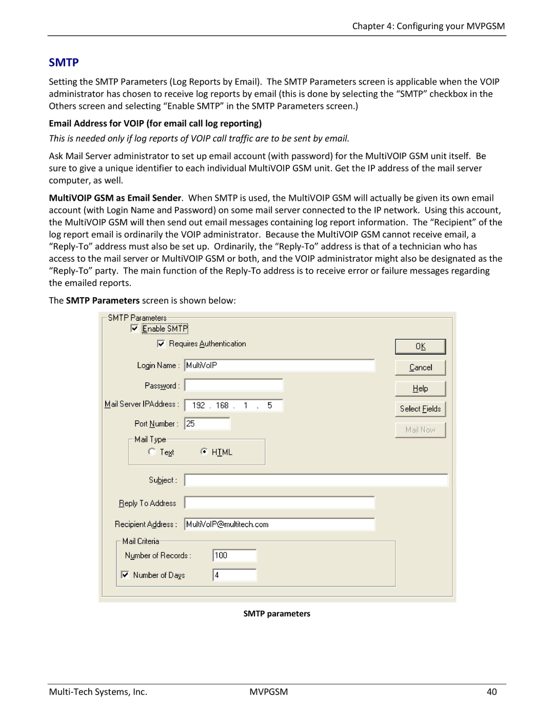 Multi-Tech Systems MVPGSM-2 manual Email Address for Voip for email call log reporting, Smtp parameters 