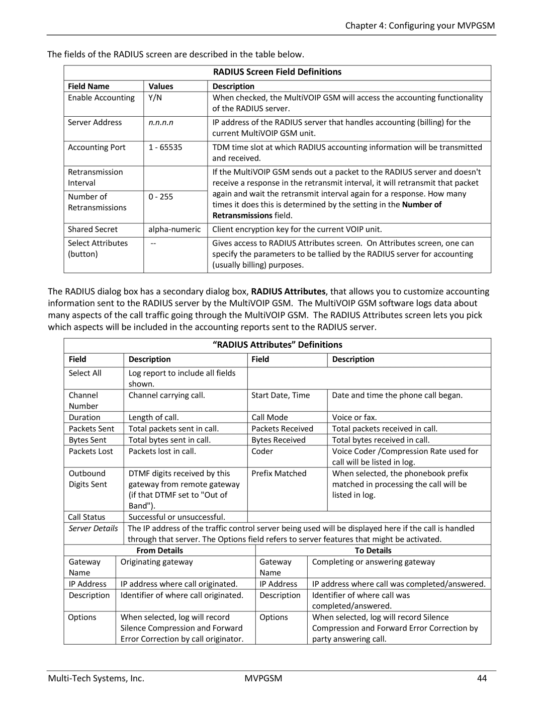 Multi-Tech Systems MVPGSM-2 manual Radius Screen Field Definitions, Retransmissions field, From Details To Details 