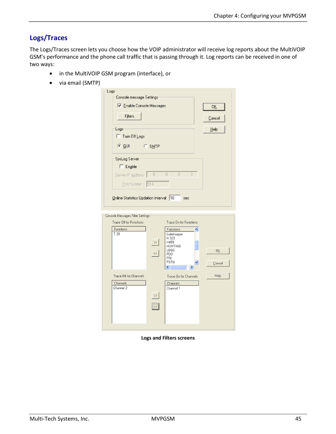 Multi-Tech Systems MVPGSM-2 manual Logs/Traces, Logs and Filters screens 