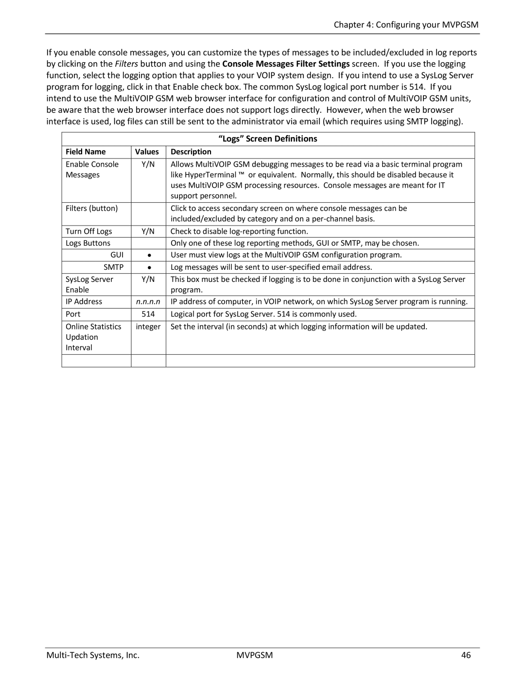 Multi-Tech Systems MVPGSM-2 manual Logs Screen Definitions 