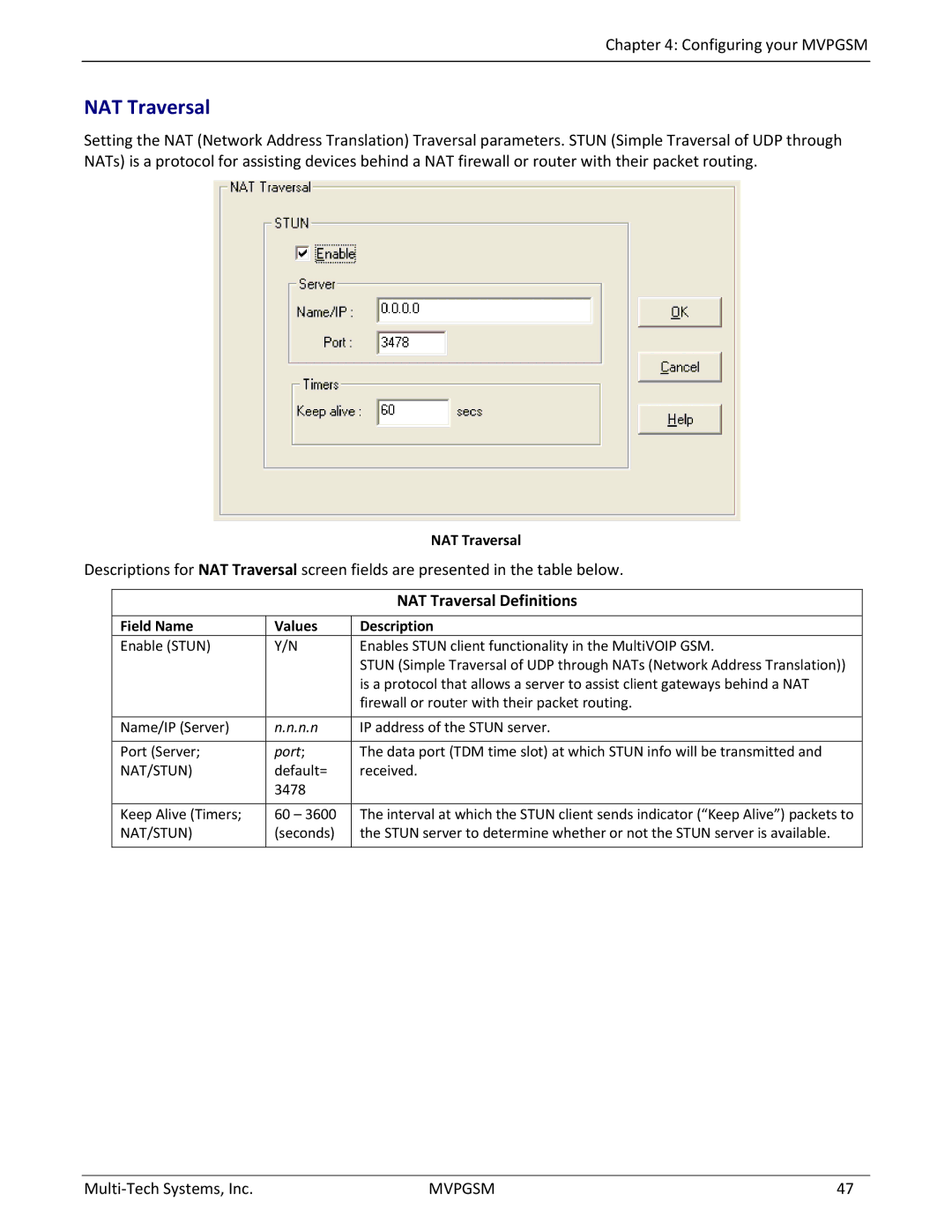 Multi-Tech Systems MVPGSM-2 manual NAT Traversal Definitions, Field Name Values Enable Stun 