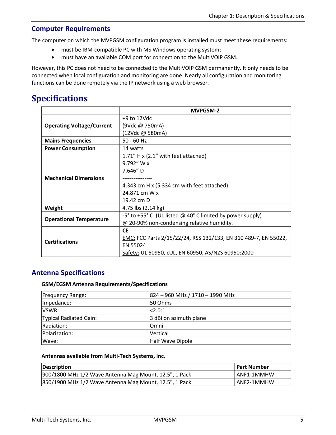 Multi-Tech Systems MVPGSM-2 manual Computer Requirements, Antenna Specifications 