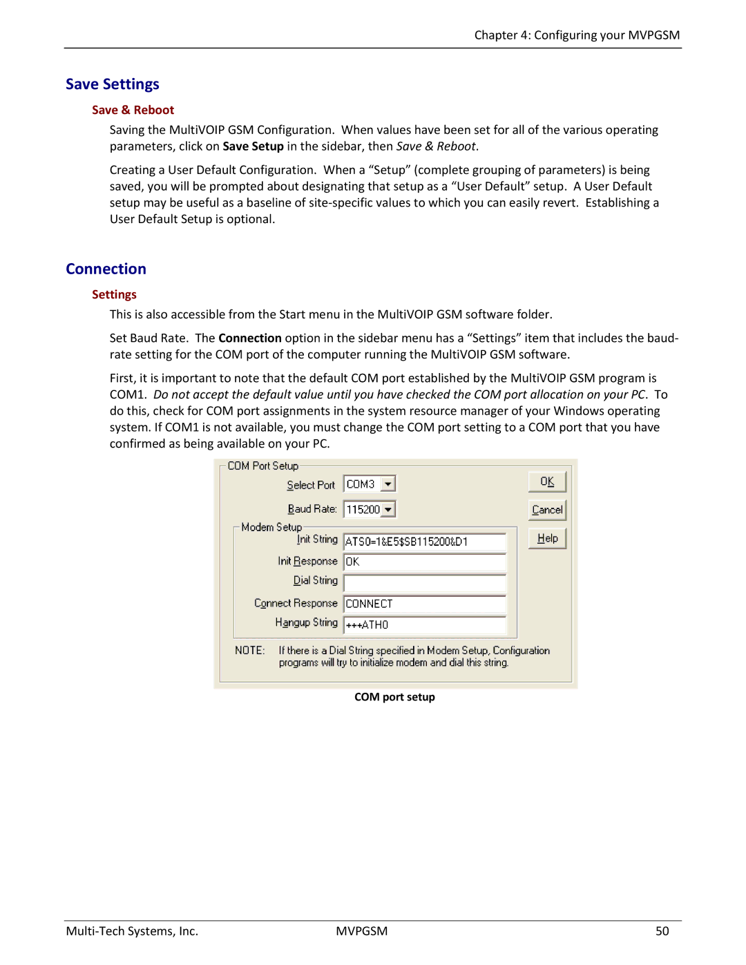 Multi-Tech Systems MVPGSM-2 manual Save Settings, Connection, Save & Reboot, COM port setup 