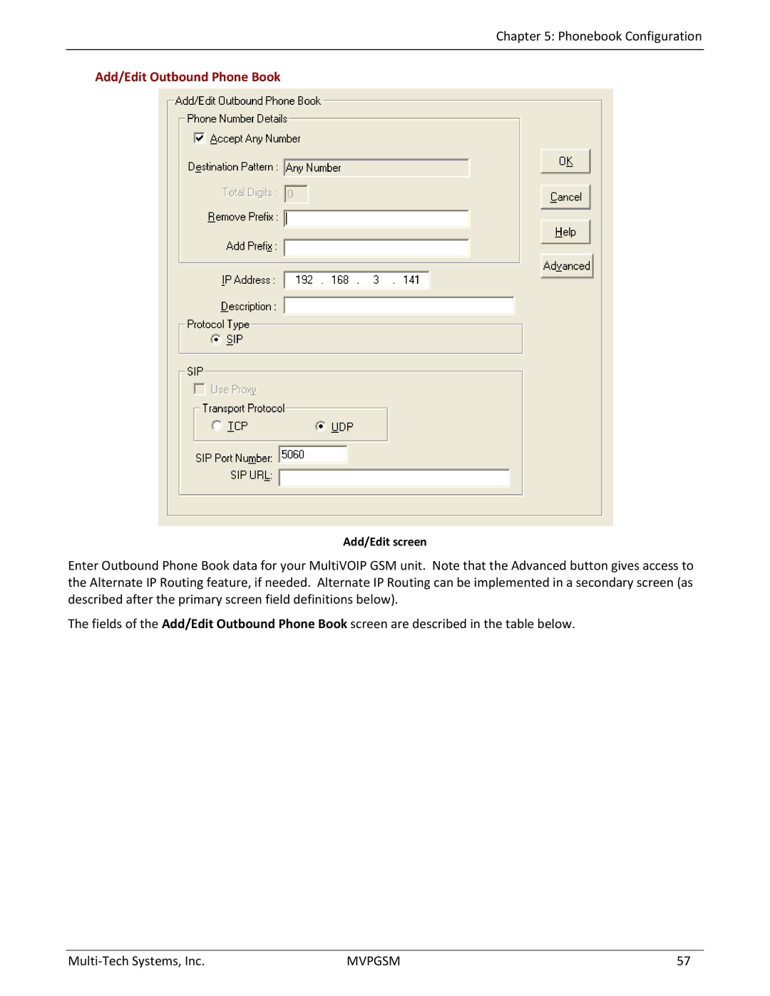 Multi-Tech Systems MVPGSM-2 manual Add/Edit Outbound Phone Book, Add/Edit screen 