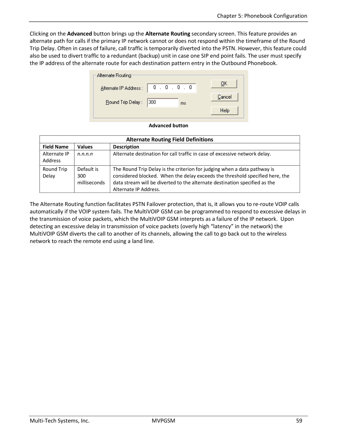 Multi-Tech Systems MVPGSM-2 manual Alternate Routing Field Definitions, Advanced button 