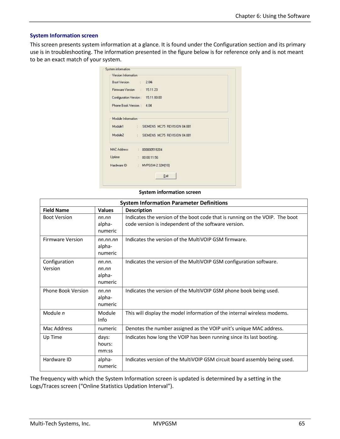 Multi-Tech Systems MVPGSM-2 manual System Information Parameter Definitions, System information screen 