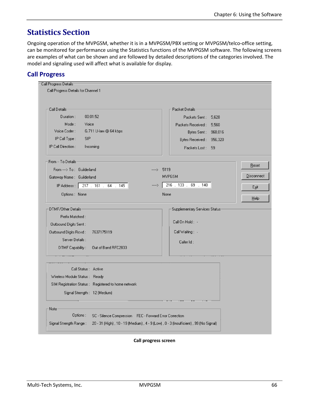 Multi-Tech Systems MVPGSM-2 manual Statistics Section, Call Progress, Call progress screen 