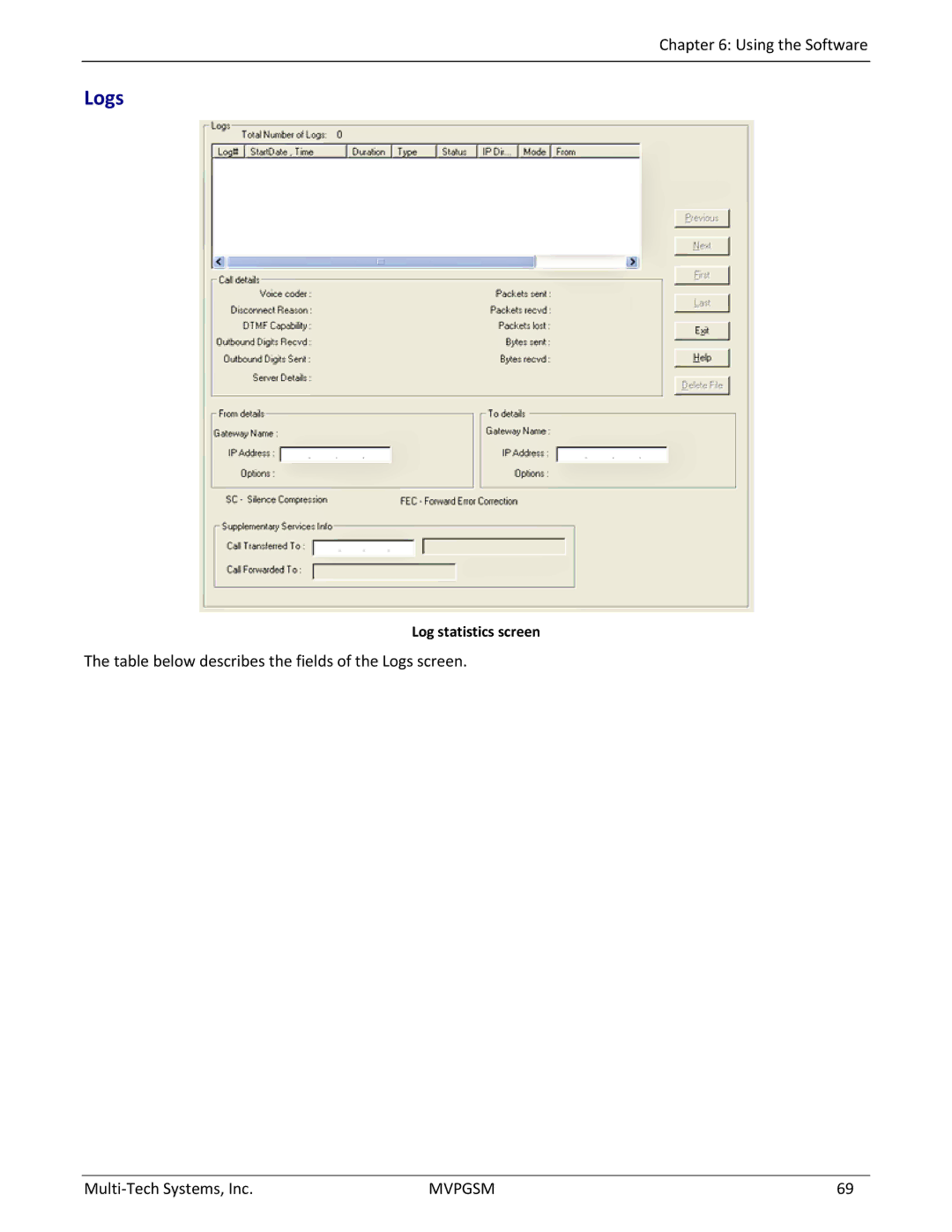 Multi-Tech Systems MVPGSM-2 manual Logs, Log statistics screen 