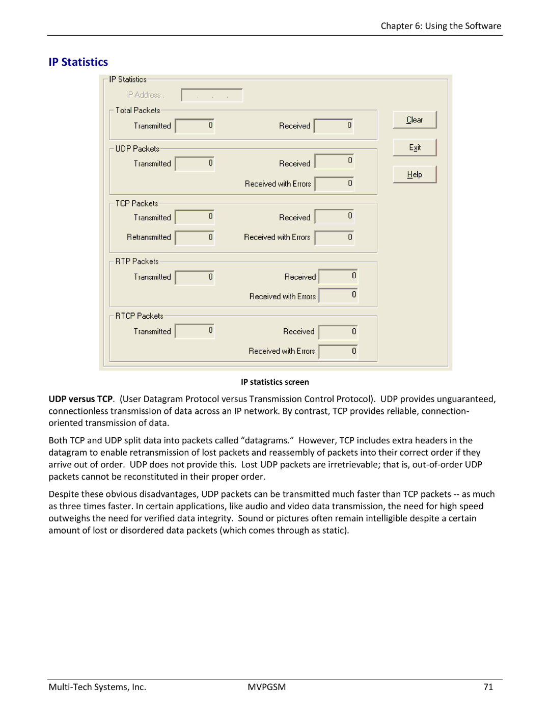 Multi-Tech Systems MVPGSM-2 manual IP Statistics, IP statistics screen 