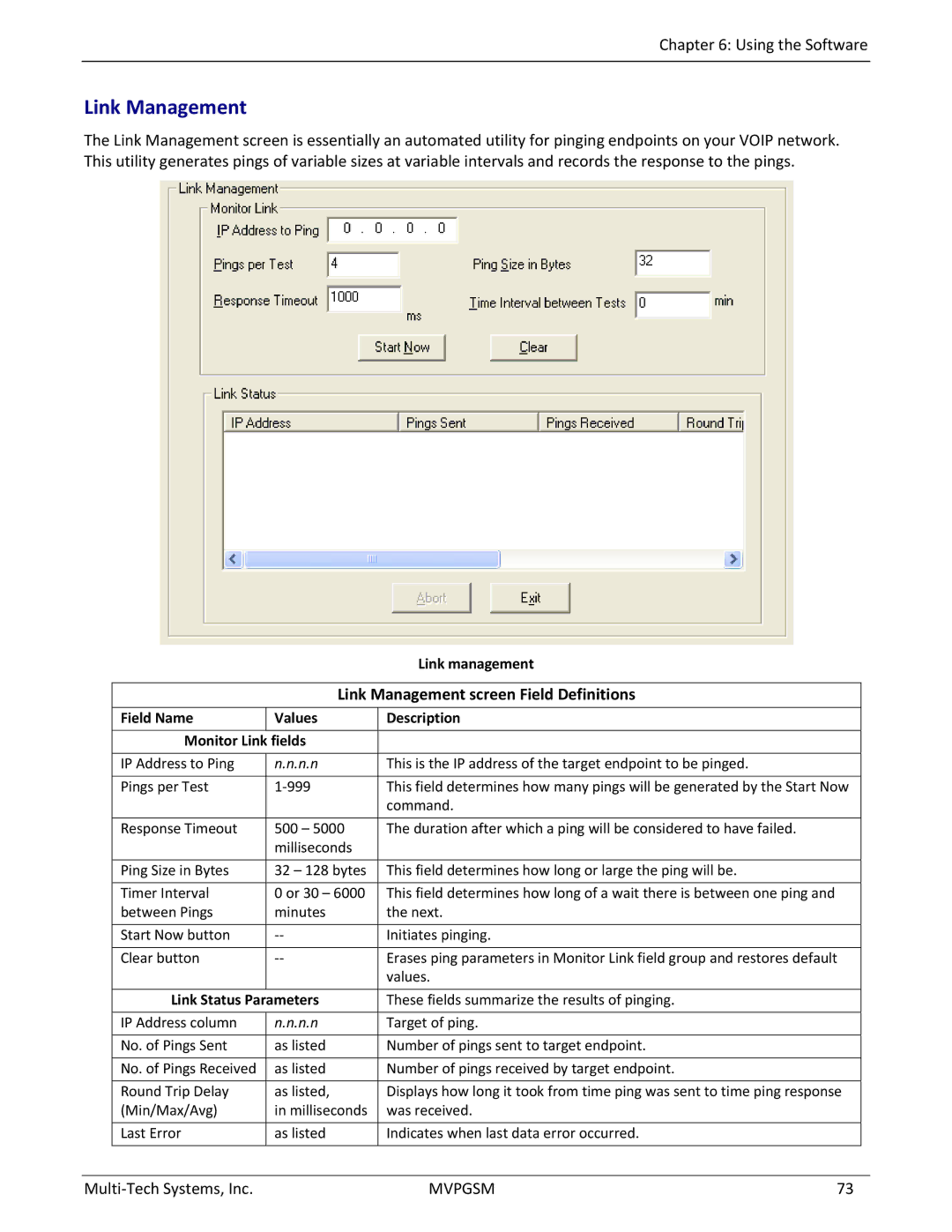 Multi-Tech Systems MVPGSM-2 manual Link Management screen Field Definitions, Link management, Link Status Parameters 