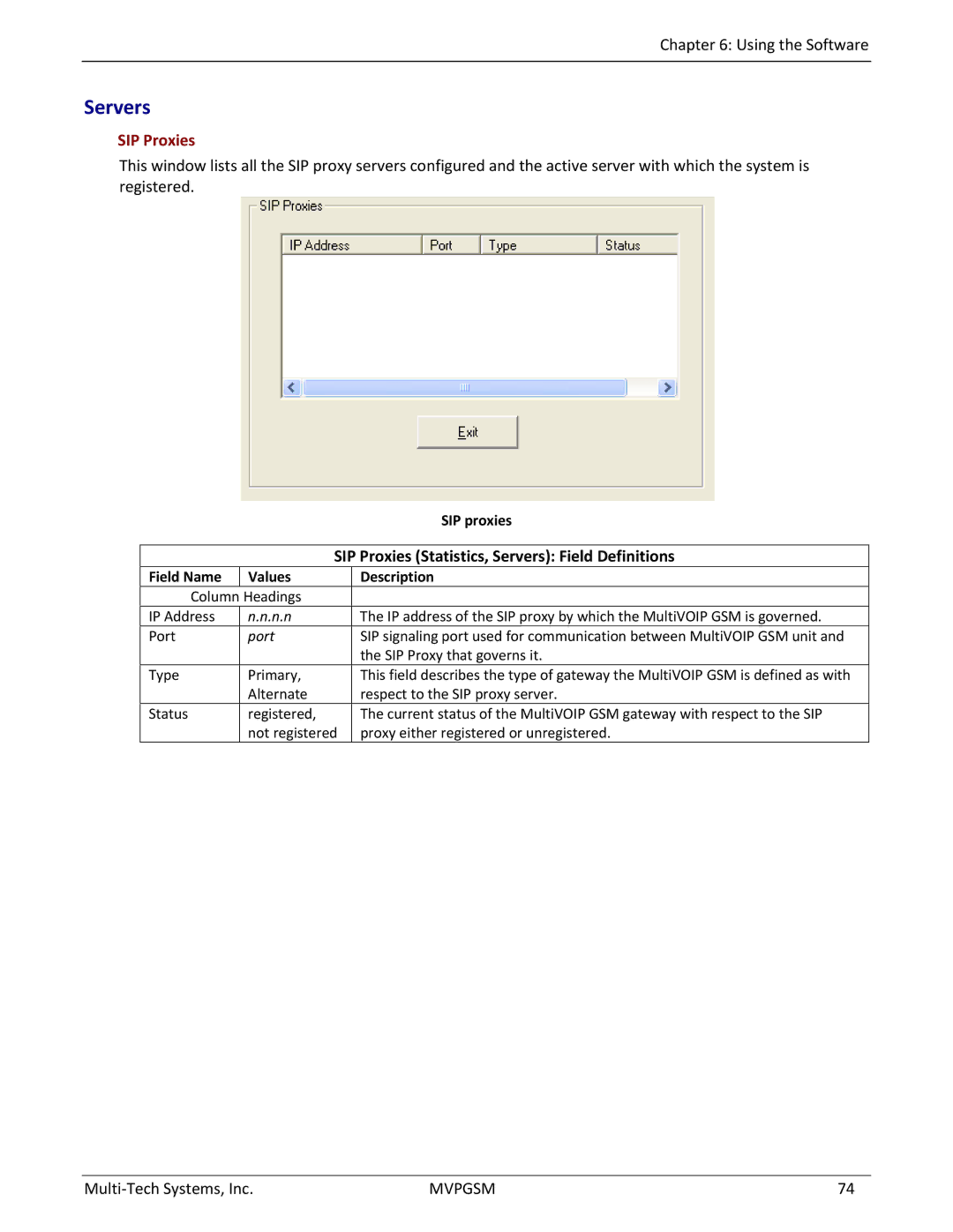 Multi-Tech Systems MVPGSM-2 manual SIP Proxies Statistics, Servers Field Definitions, SIP proxies 