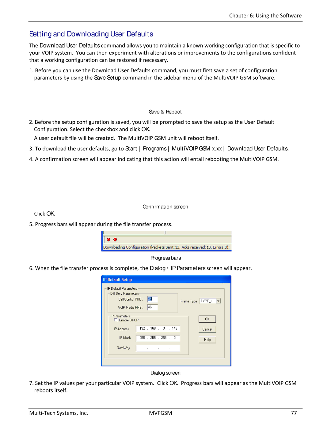 Multi-Tech Systems MVPGSM-2 manual Setting and Downloading User Defaults, Save & Reboot, Confirmation screen, Progress bars 