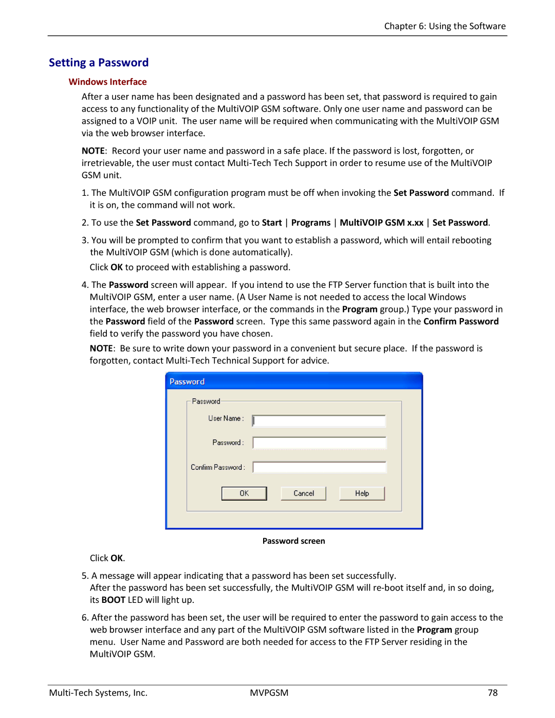 Multi-Tech Systems MVPGSM-2 manual Setting a Password, Windows Interface, Password screen 