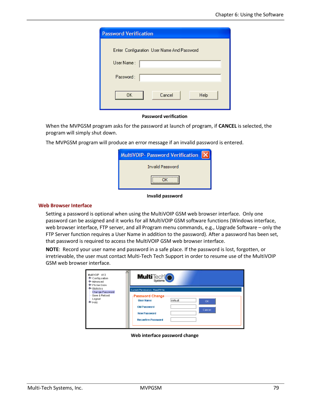 Multi-Tech Systems MVPGSM-2 Web Browser Interface, Password verification, Invalid password, Web interface password change 