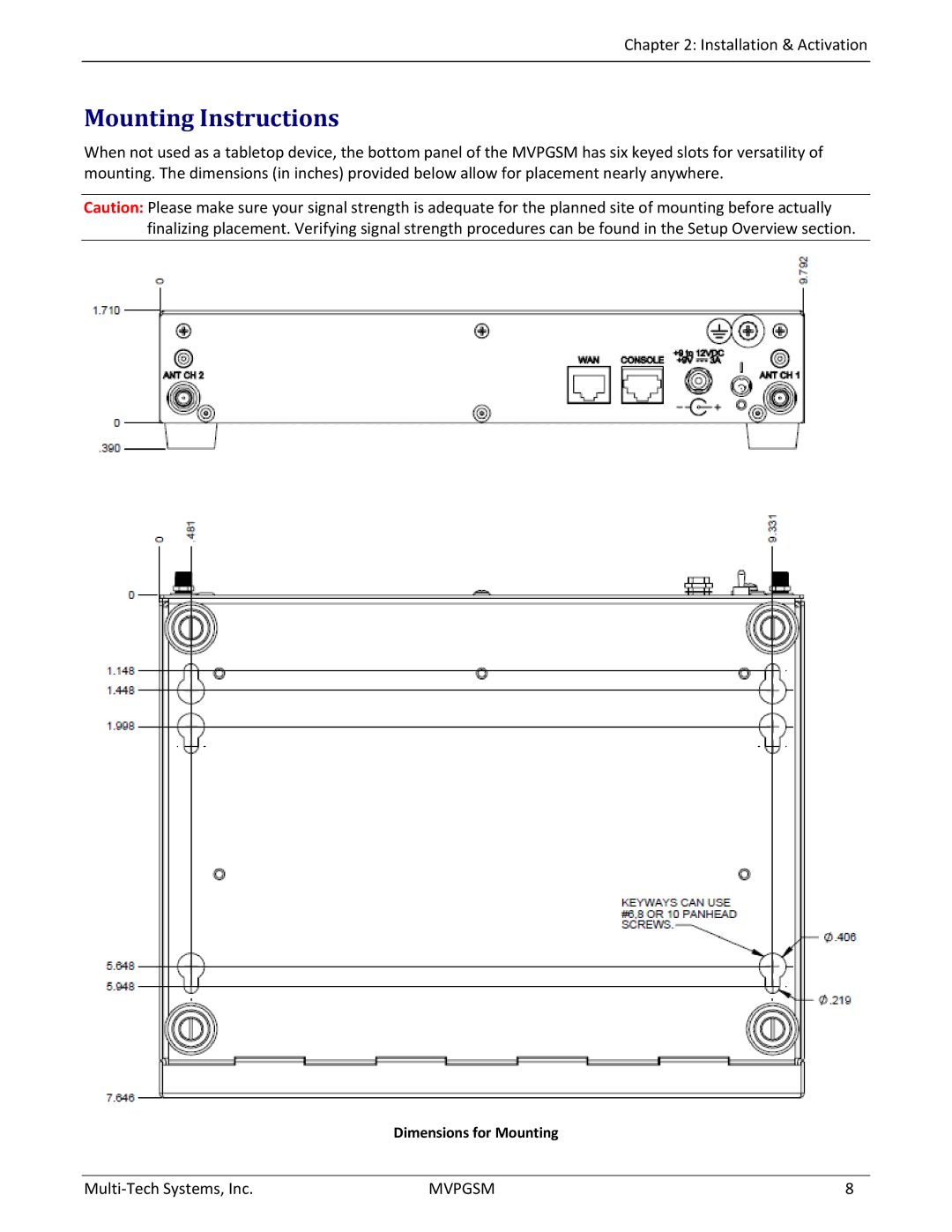 Multi-Tech Systems MVPGSM-2 manual Mounting Instructions, Dimensions for Mounting 