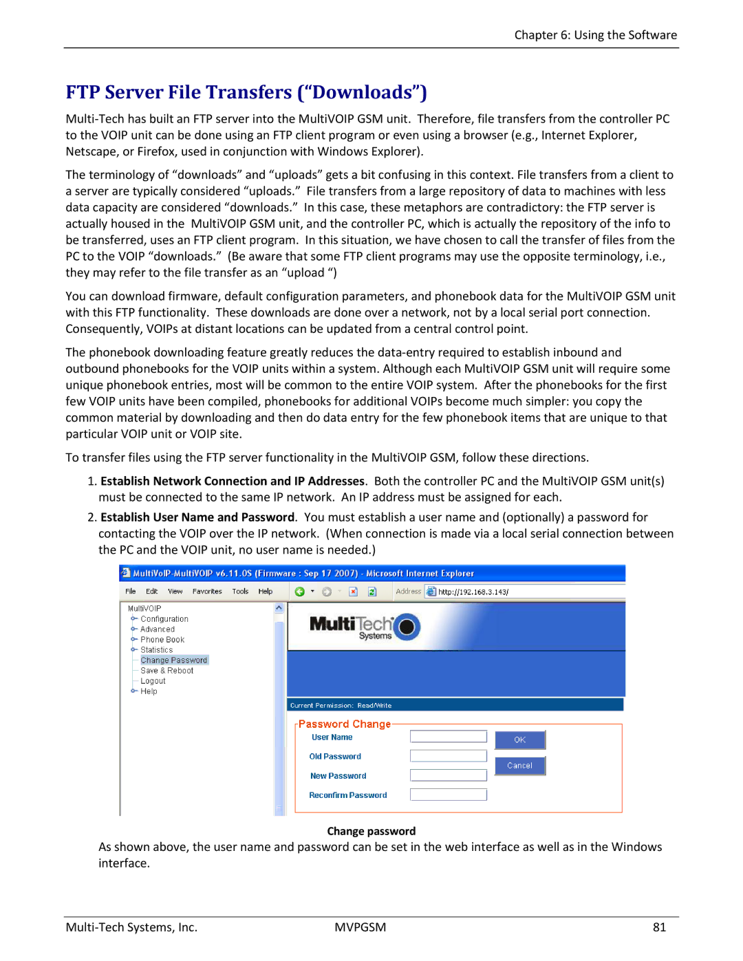 Multi-Tech Systems MVPGSM-2 manual FTP Server File Transfers Downloads, Change password 