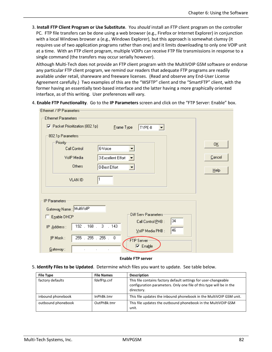 Multi-Tech Systems MVPGSM-2 manual Enable FTP server, File Type File Names Description 