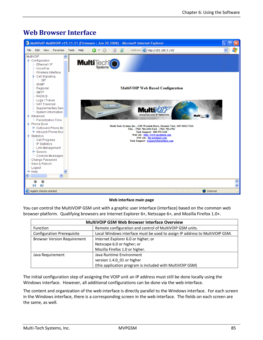 Multi-Tech Systems MVPGSM-2 manual MultiVOIP GSM Web Browser Interface Overview, Web interface main 