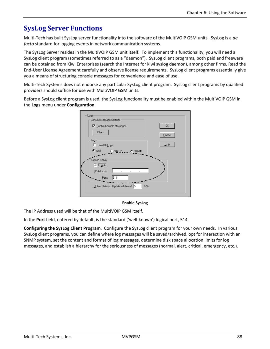 Multi-Tech Systems MVPGSM-2 manual SysLog Server Functions, Enable SysLog 