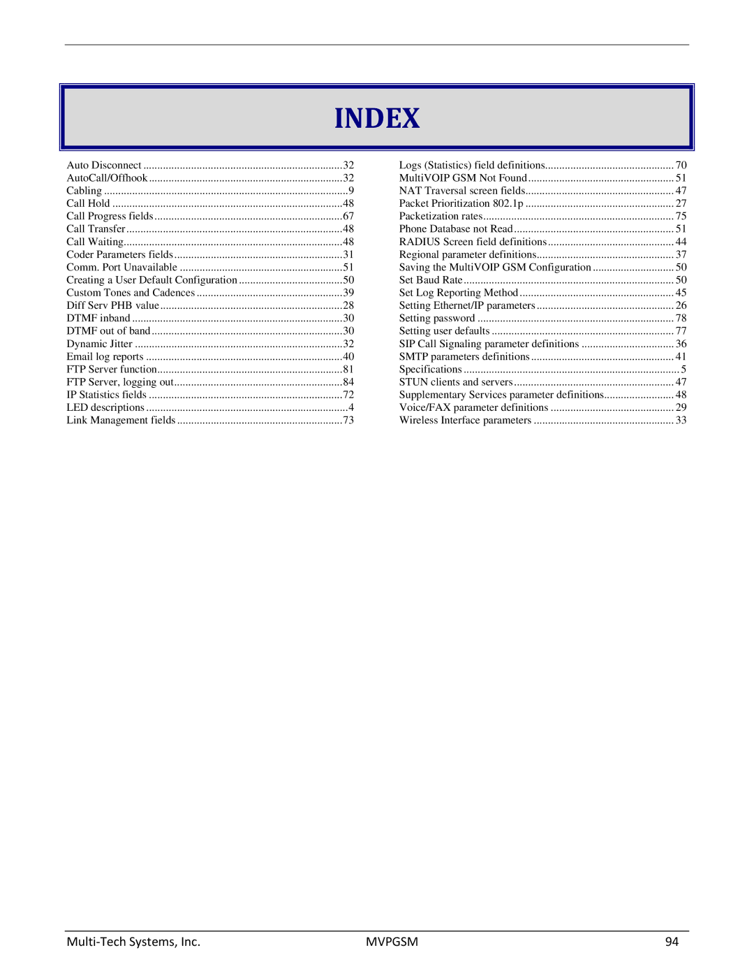 Multi-Tech Systems MVPGSM-2 manual Index 