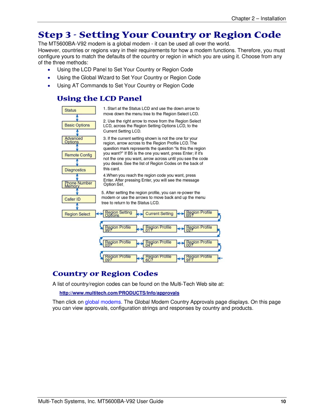 Multi-Tech Systems PN S000408C manual Setting Your Country or Region Code, Using the LCD Panel Country or Region Codes 