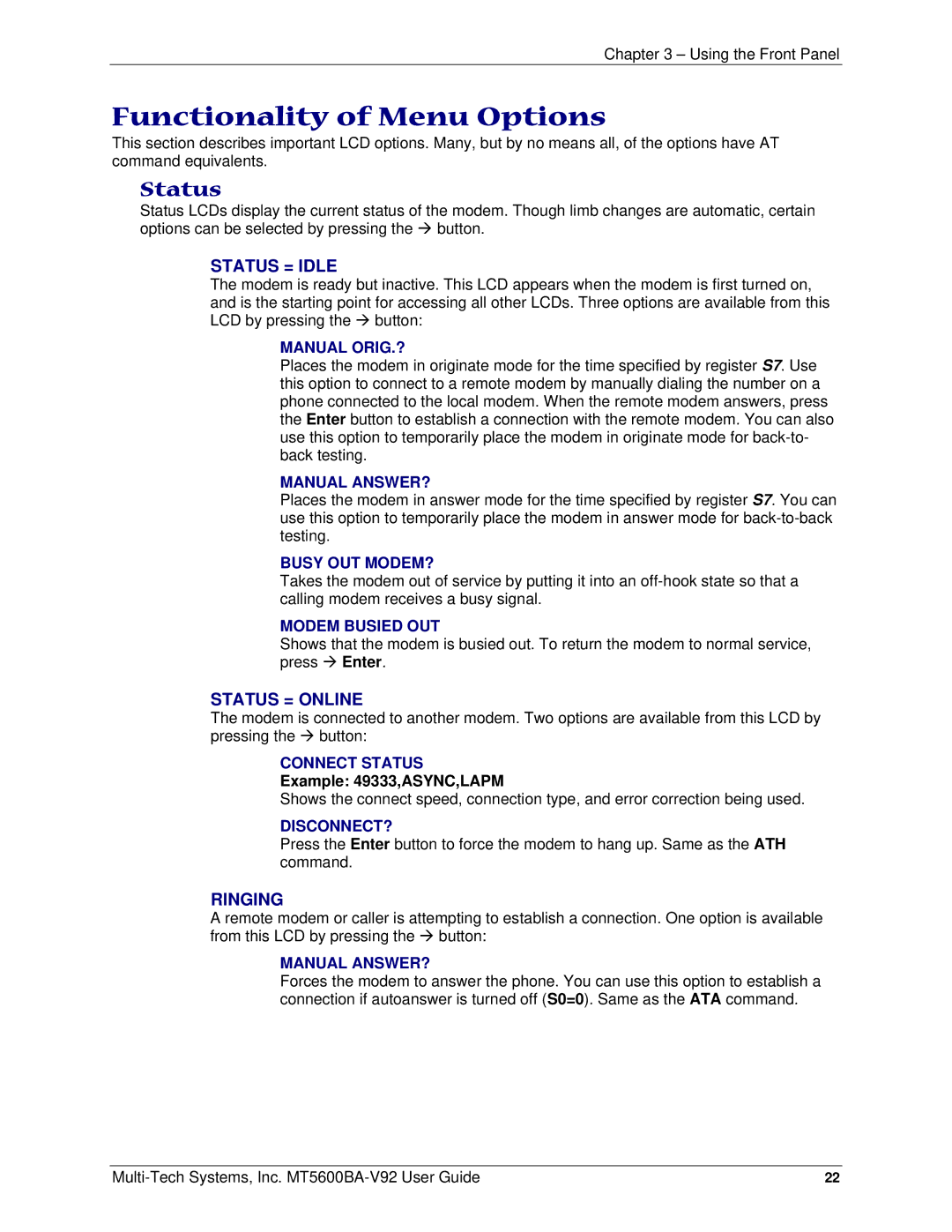 Multi-Tech Systems PN S000408C manual Functionality of Menu Options, Status 