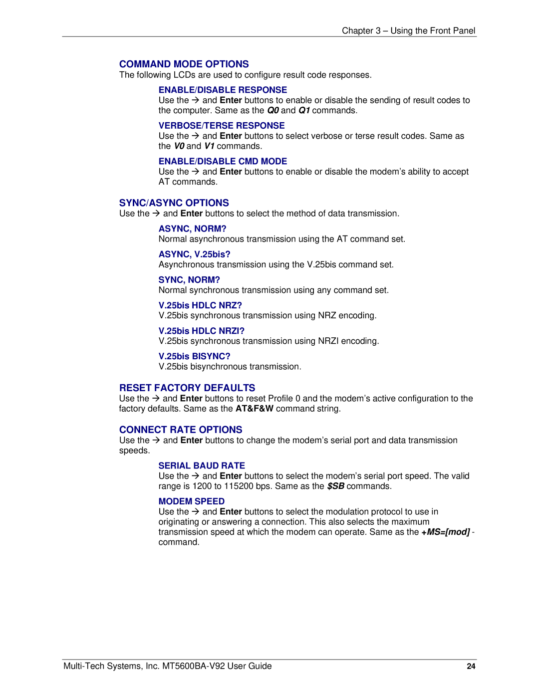 Multi-Tech Systems PN S000408C manual Command Mode Options 