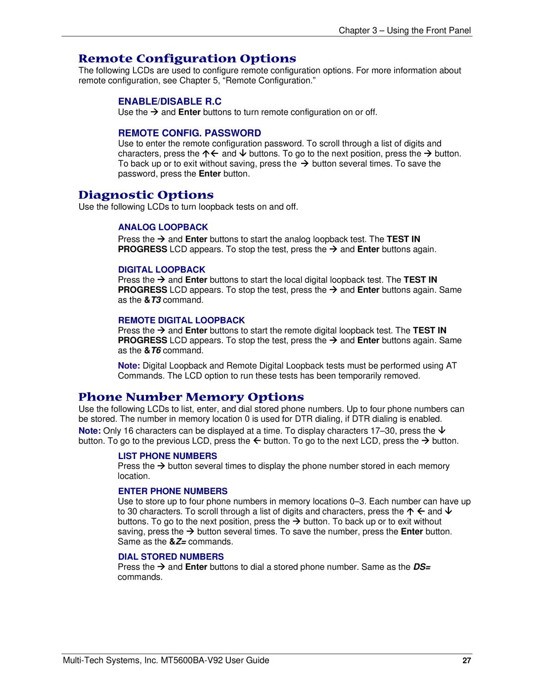 Multi-Tech Systems PN S000408C manual Remote Configuration Options, Diagnostic Options, Phone Number Memory Options 