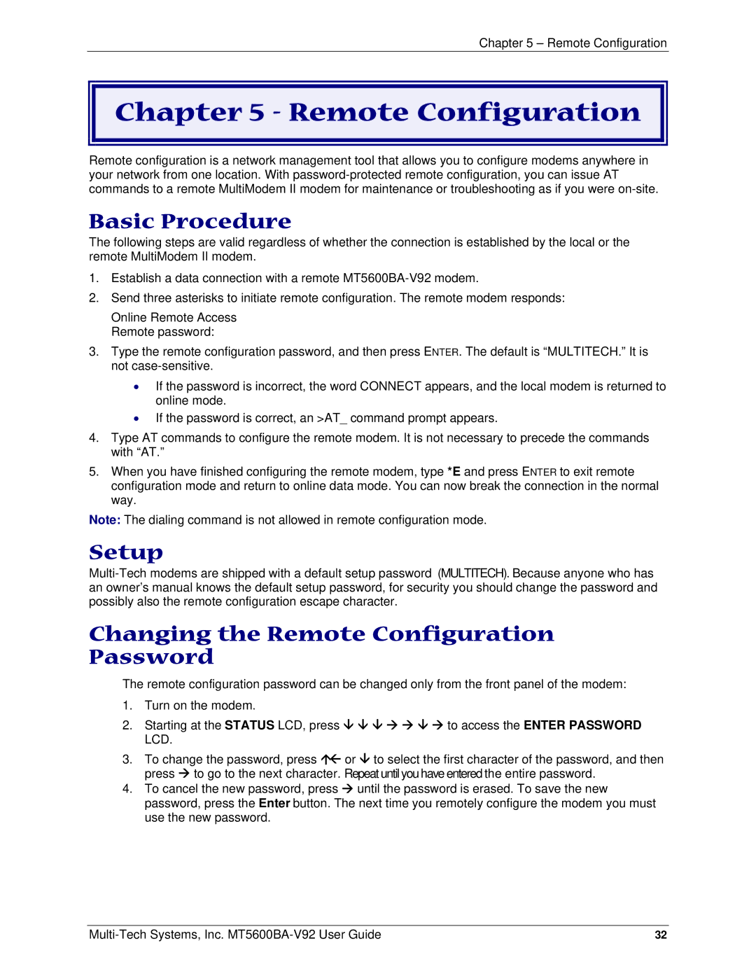 Multi-Tech Systems PN S000408C manual Basic Procedure, Setup Changing the Remote Configuration Password 