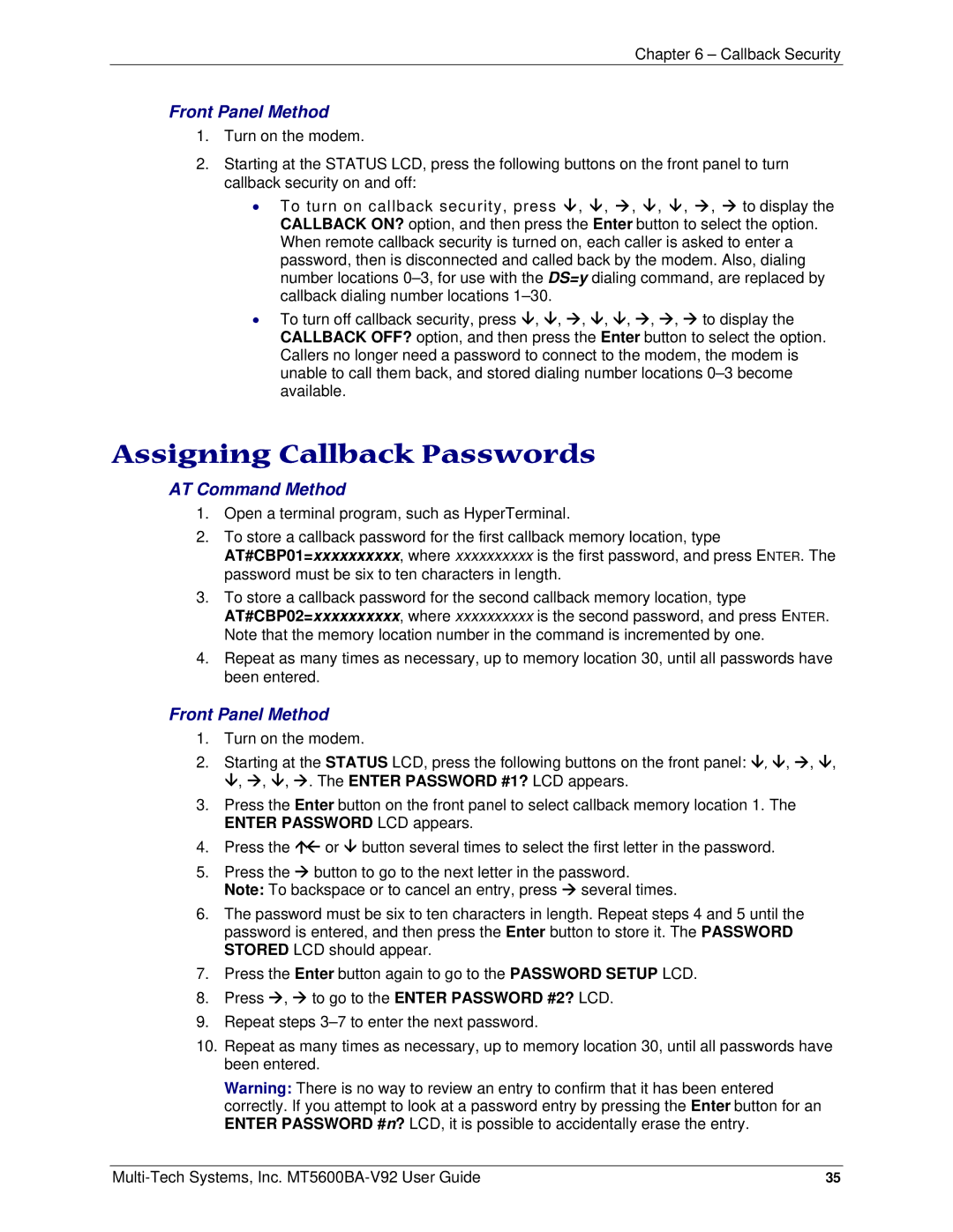 Multi-Tech Systems PN S000408C manual Assigning Callback Passwords, Front Panel Method 