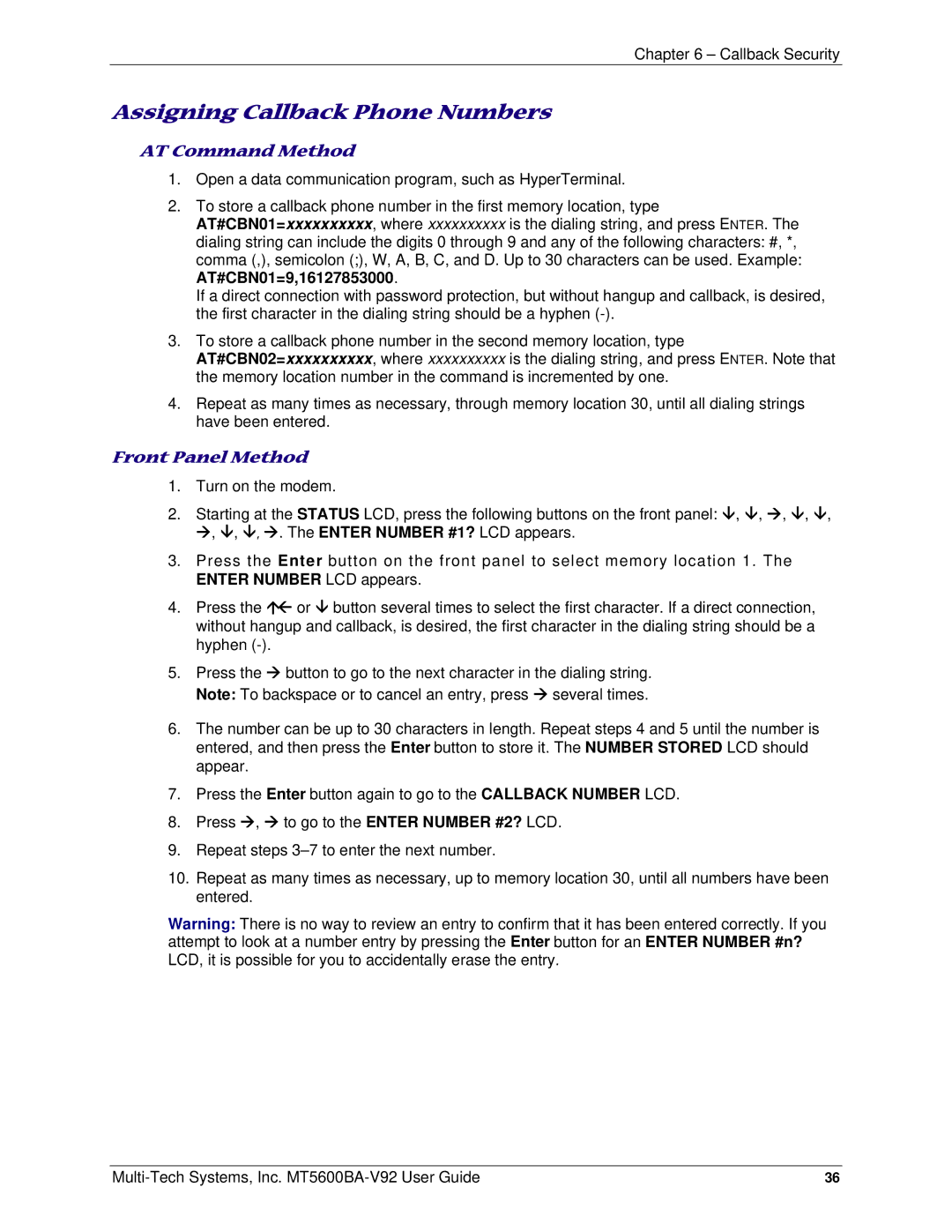 Multi-Tech Systems PN S000408C manual Assigning Callback Phone Numbers 