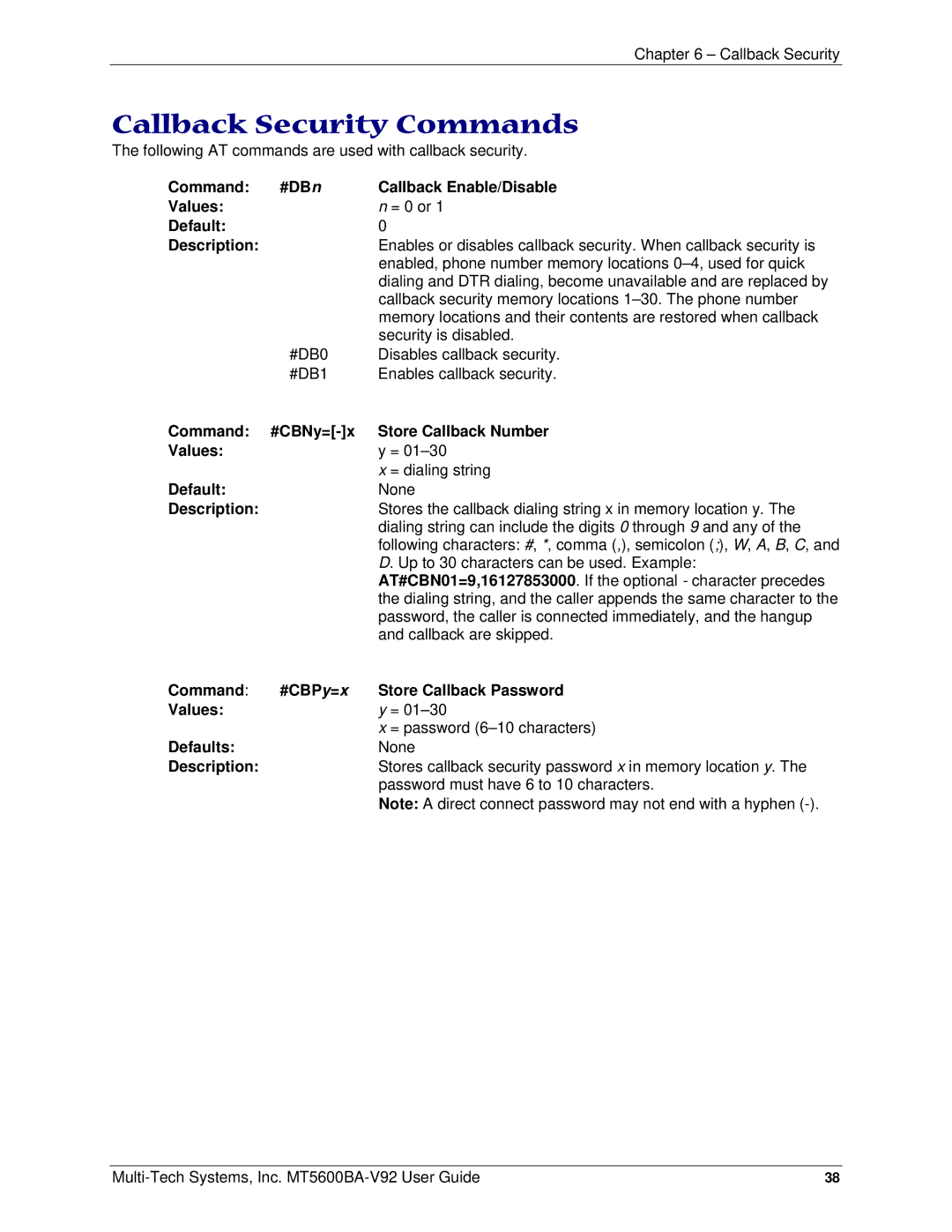 Multi-Tech Systems PN S000408C manual Callback Security Commands, Default Description 