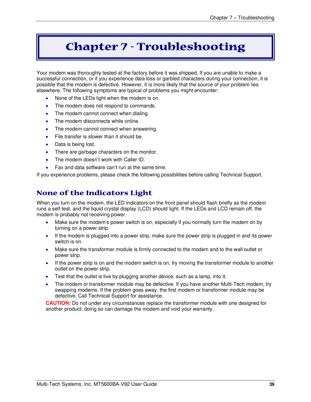 Multi-Tech Systems PN S000408C manual Troubleshooting, None of the Indicators Light 